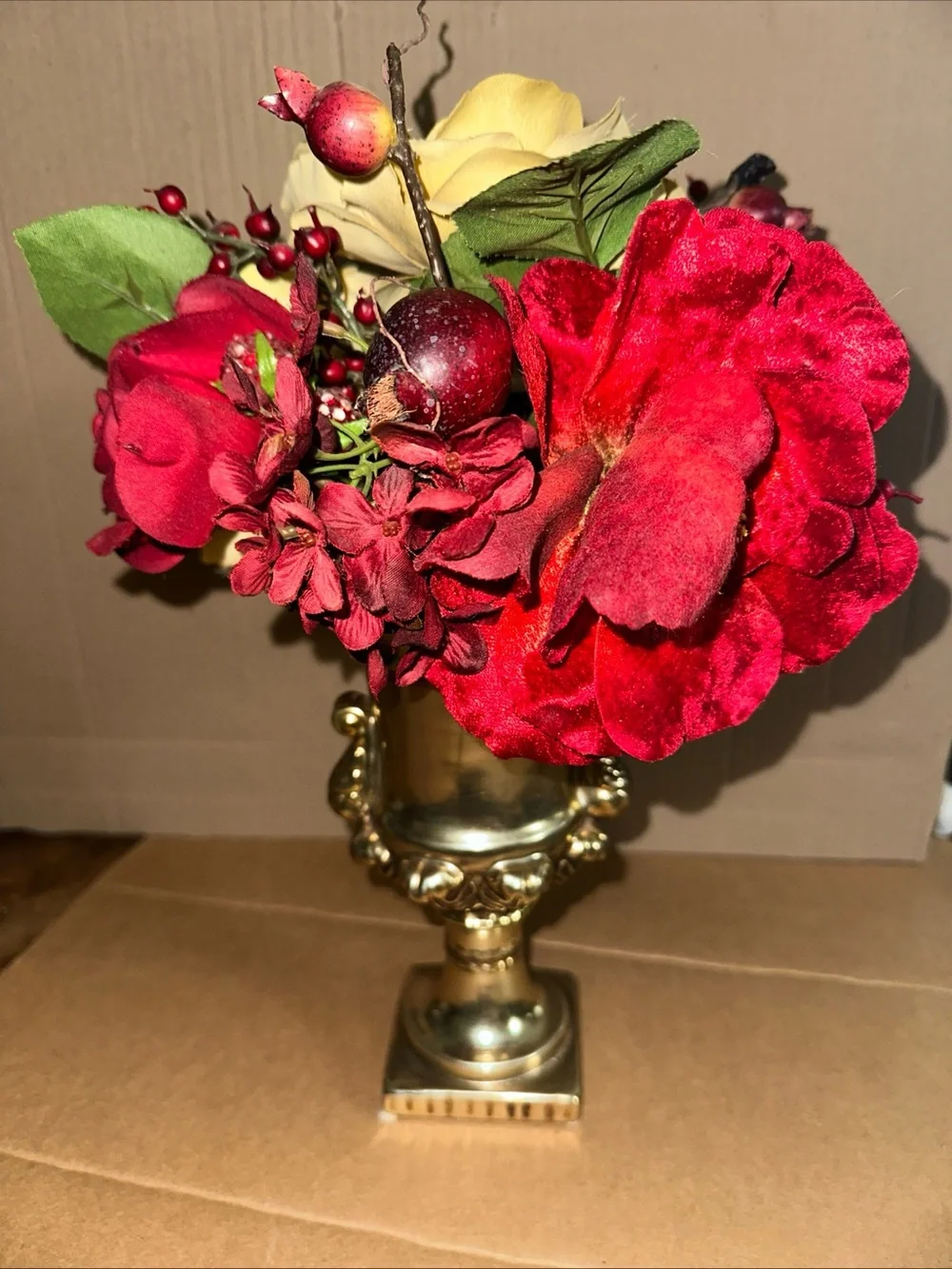 Bombay Red and Yellow Faux Floral Arrangement in Gold ceramic Urn 12”